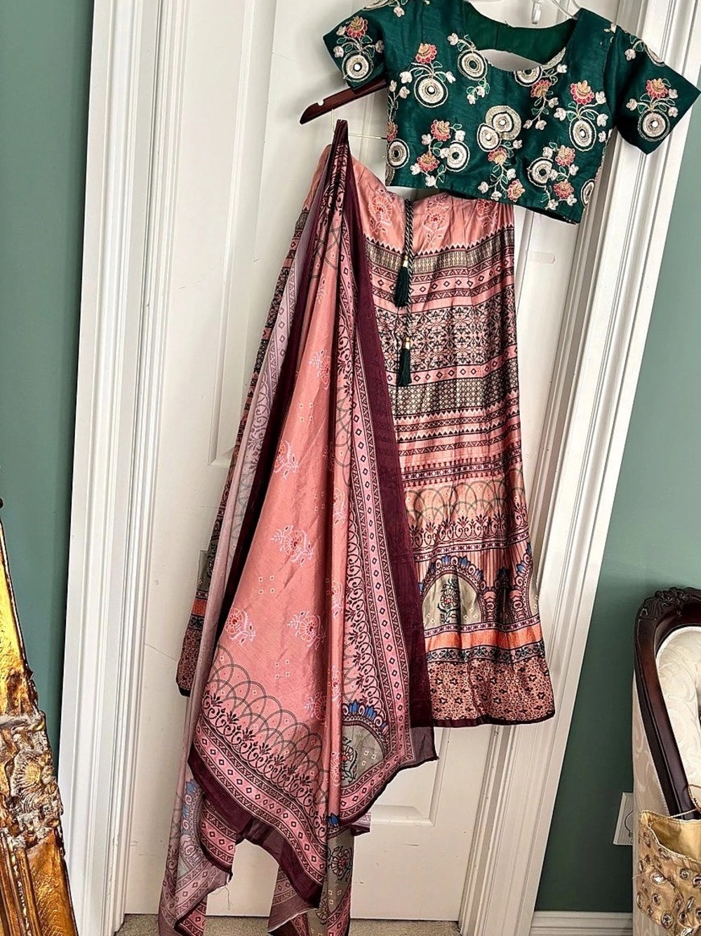 Pink & Green Printed Lehenga Set absolutely beautiful medium wedding wear Medium